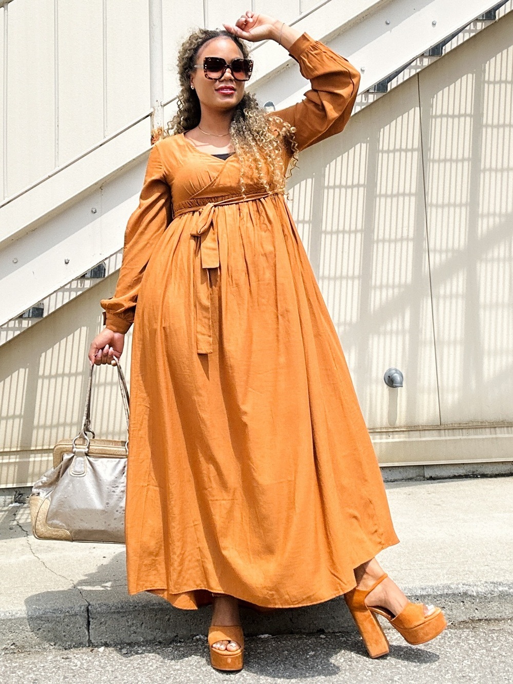 Women's Long Sleeve Maxi Dress in Mustard, M